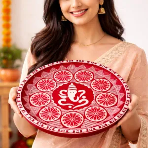 Hand-Painted Ganesha Pooja Thali 12 cm | Red White Decorative Thali | PahadiKala