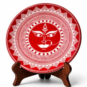 Hand-Painted Maa Durga Wall Plate 12 cm | Red White Decorative Art | PahadiKala
