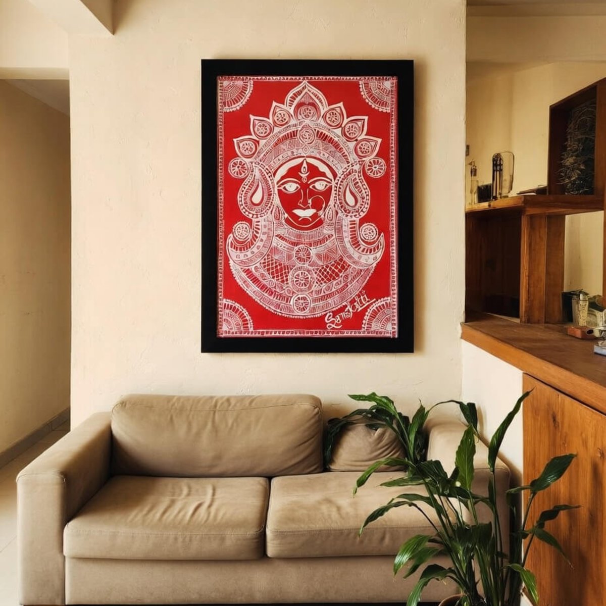 Hand-Painted Goddess Wall Art Frame 30x40 cm | Red White Folk Painting | PahadiKala