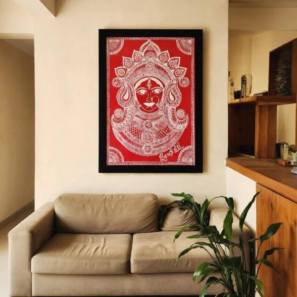 Hand-Painted Goddess Wall Art Frame (Red & White Folk Art)