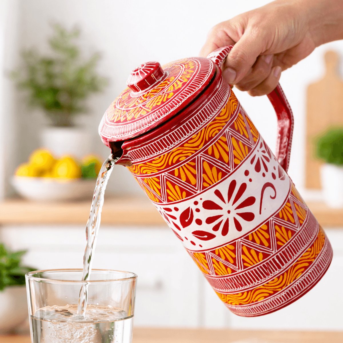 Hand-Painted Aipen Copper Water Jug 25 cm | Traditional Tamba Jug with Lid | PahadiKala