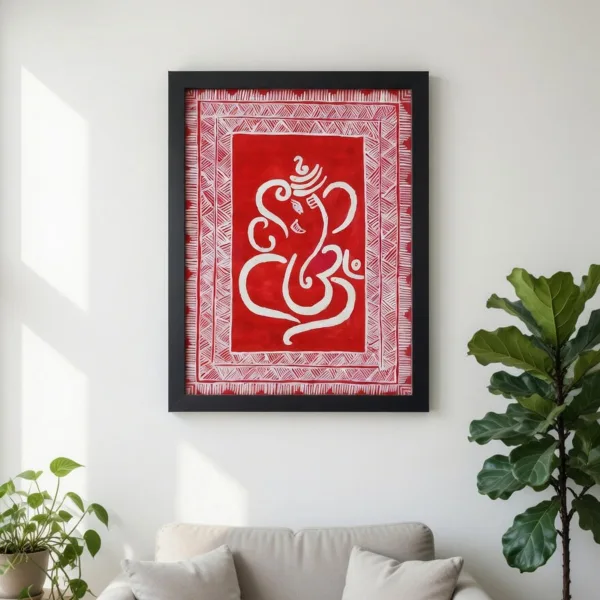Handcrafted Ganesh Wall Frame Art (40×30 cm) – Traditional Red Spiritual Decor