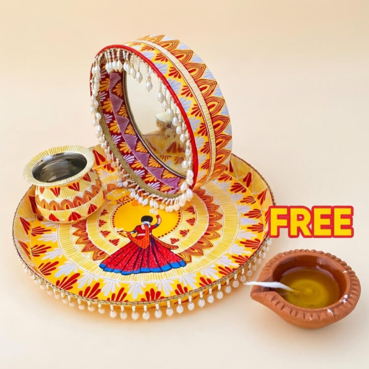 Premium Karwa Chauth Pooja Thali Set (16-inch) with Free Diya | PahadiKala