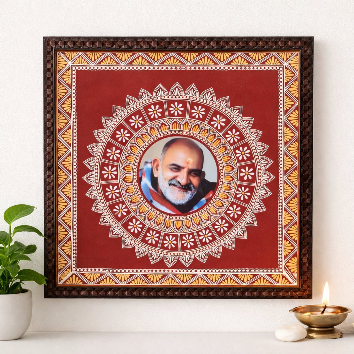 Aipan Art Neem Karoli Baba Frame | Handmade Wall Decor 18x18 Inch | PahadiKala