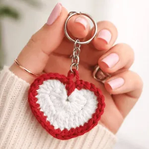Handmade Crochet Heart Keychain 6 cm | Cute Red White Keyring Gift | PahadiKala