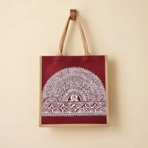 Pahadi Aipan Maroon Jute Tote Bag | 36 cm Eco-Friendly Shoulder Bag | PahadiKala