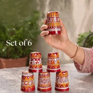 Pahadi Aipan Hand-Painted Decorative Glass Set (Set of 6) | PahadiKala