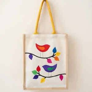 "Handpainted Birds Jute Tote Bag - 24cm x 15cm | Handmade" | PahadiKala