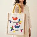 "Handpainted Birds Jute Tote Bag - 24cm x 15cm | Handmade"