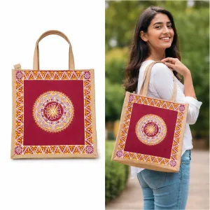 Handcrafted Aipan Art Jute Bag 14x14 Inch Eco Friendly Tote
