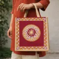 Handcrafted Aipan Art Jute Bag 14x14 Inch Eco Friendly Tote