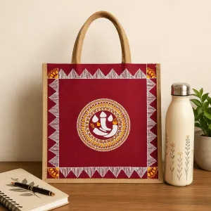 Aipan Art Ganesh Jute Bag 14x14 Inch Eco Friendly Tote