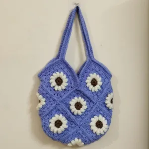 Blue Daisy Crochet Shoulder Bag | Handmade Floral Tote Bag (26x24 cm) | PahadiKala
