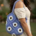 purple Daisy Crochet Shoulder Bag | Handmade Floral Tote Bag (26x24 cm)