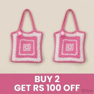 Handmade Pink Crochet Tote Bag 14x14 Inch | Stylish Women Handbag | PahadiKala