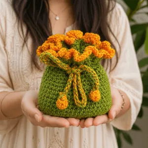 Handmade Crochet Drawstring Pouch 14x14 cm | Cute Floral Potli Bag | PahadiKala
