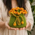 Handmade Crochet Drawstring Pouch 14x14 cm | Cute Floral Potli Bag