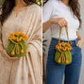 Handmade Crochet Drawstring Pouch 14x14 cm | Cute Floral Potli Bag