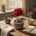 Handmade Crochet Red Rose Mini Pot Décor 10cm x 5cm | Cute Floral Table Decoration