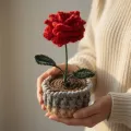 Handmade Crochet Red Rose Mini Pot Décor 10cm x 5cm | Cute Floral Table Decoration