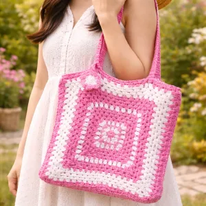 Handmade Pink Crochet Tote Bag 14x14 Inch | Stylish Women Handbag | PahadiKala