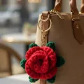 Handmade Crochet Red Rose Keychain Cute Floral Mini Keyring 5 cm