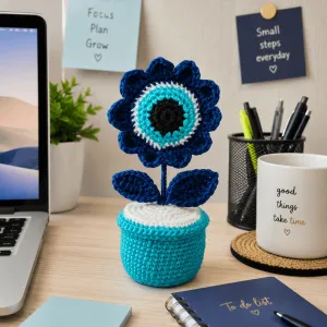Handmade Crochet Evil Eye Flower Pot Decor 17 cm